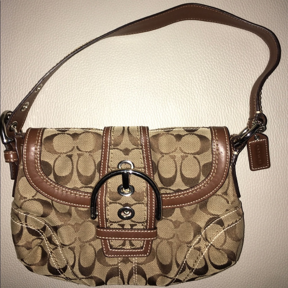 Coach Signature Logo Purse Brown Tan Snap Closure